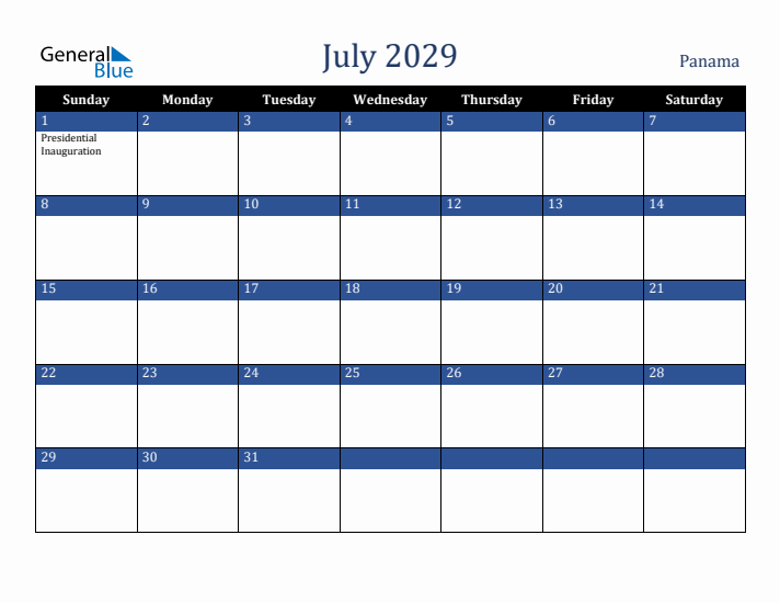 July 2029 Panama Calendar (Sunday Start)