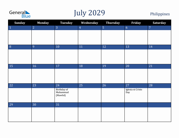 July 2029 Philippines Calendar (Sunday Start)
