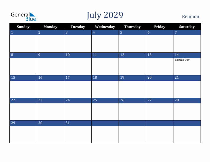 July 2029 Reunion Calendar (Sunday Start)