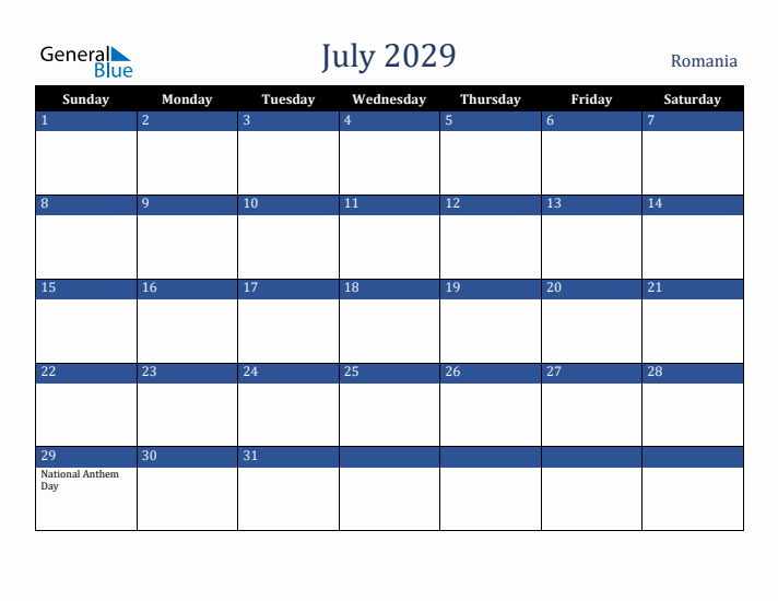 July 2029 Romania Calendar (Sunday Start)