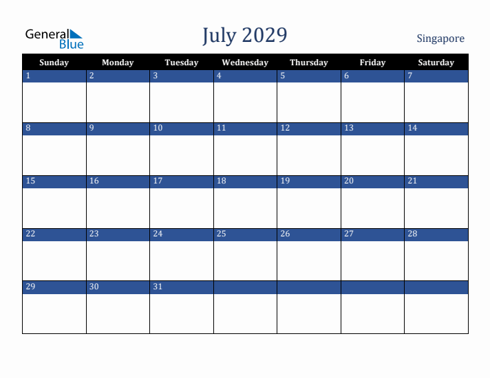 July 2029 Singapore Calendar (Sunday Start)