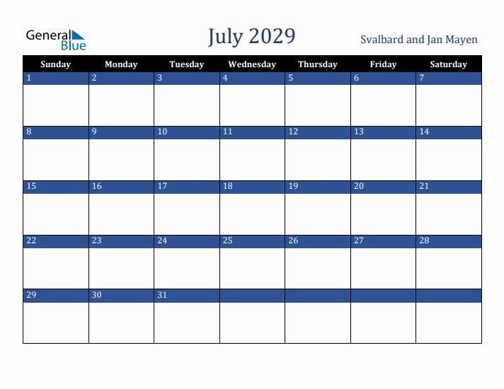 July 2029 Svalbard and Jan Mayen Calendar (Sunday Start)