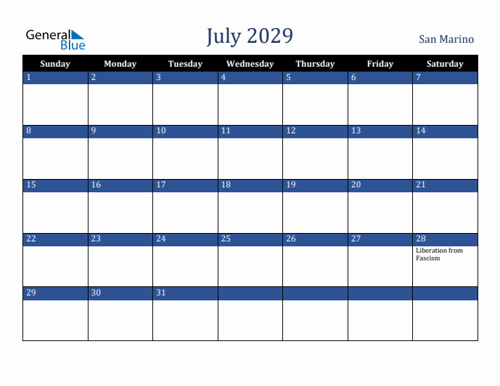 July 2029 San Marino Calendar (Sunday Start)