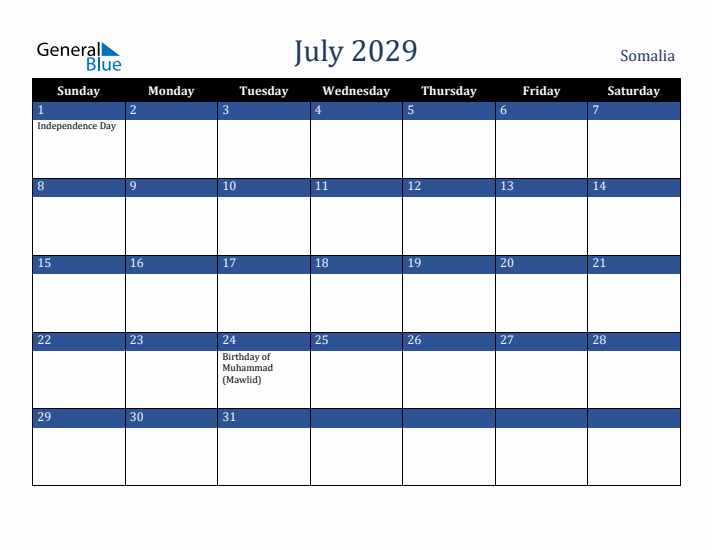 July 2029 Somalia Calendar (Sunday Start)