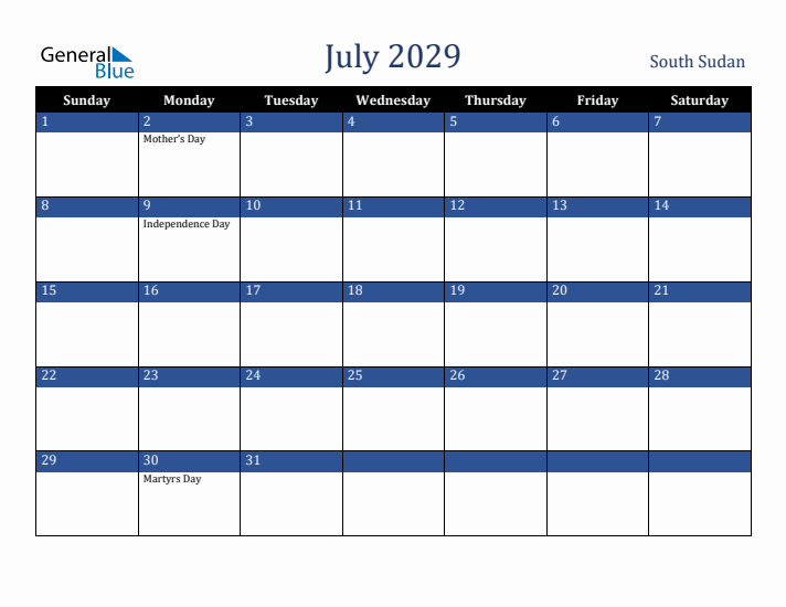 July 2029 South Sudan Calendar (Sunday Start)