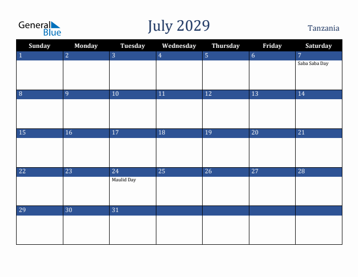 July 2029 Tanzania Calendar (Sunday Start)