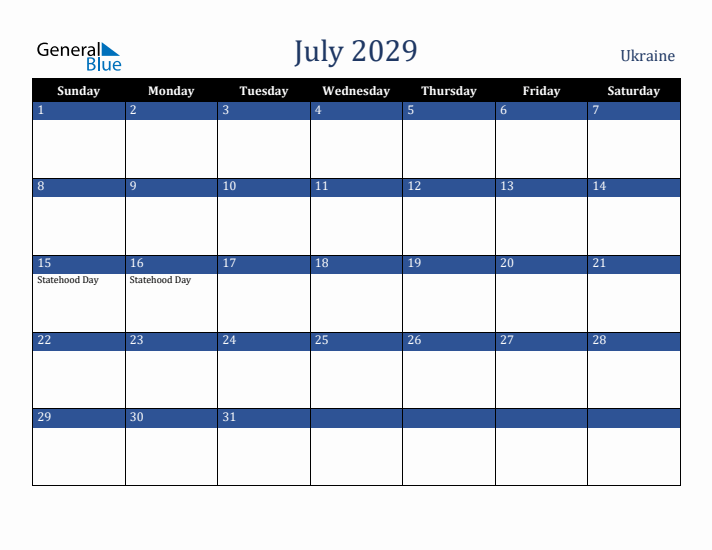 July 2029 Ukraine Calendar (Sunday Start)