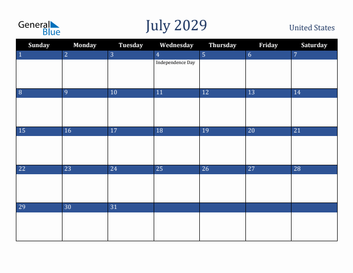 July 2029 United States Calendar (Sunday Start)