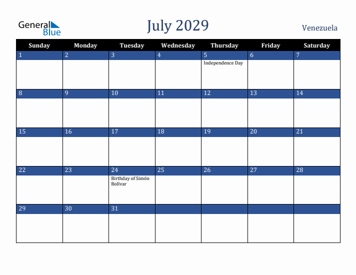 July 2029 Venezuela Calendar (Sunday Start)