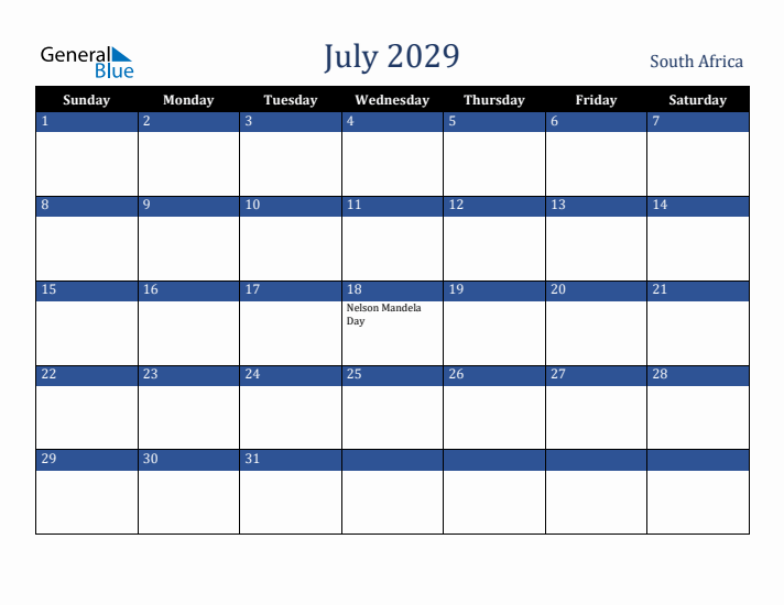 July 2029 South Africa Calendar (Sunday Start)