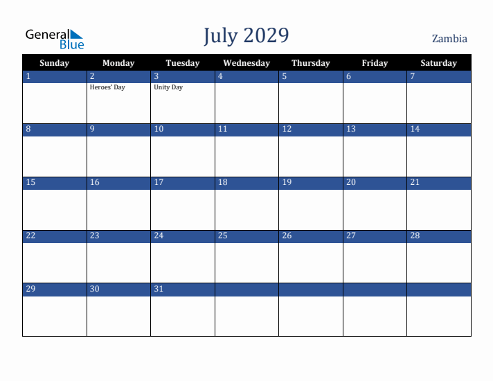 July 2029 Zambia Calendar (Sunday Start)