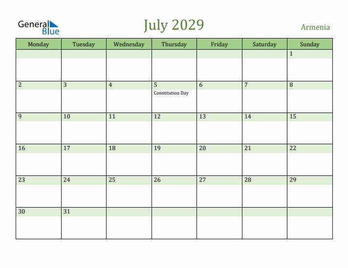 July 2029 Calendar with Armenia Holidays