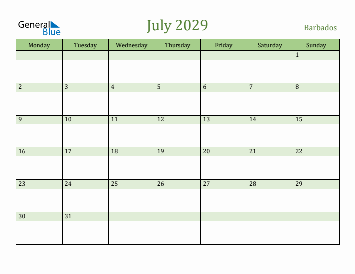 July 2029 Calendar with Barbados Holidays