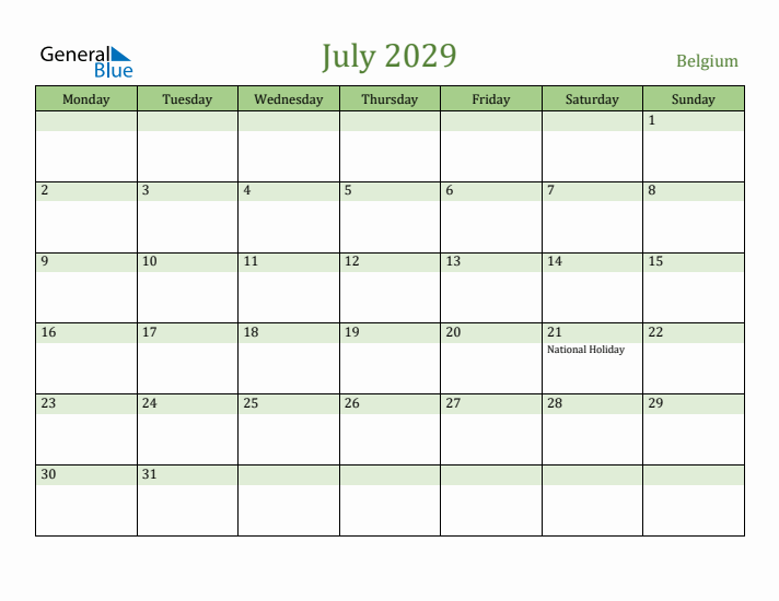 July 2029 Calendar with Belgium Holidays