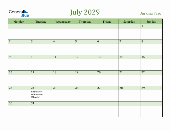 July 2029 Calendar with Burkina Faso Holidays