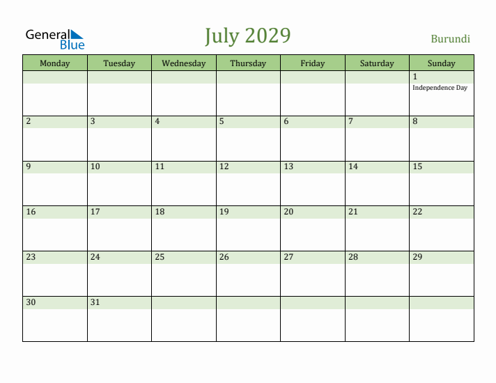 July 2029 Calendar with Burundi Holidays