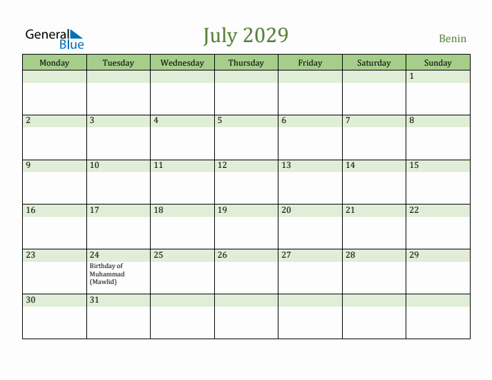 July 2029 Calendar with Benin Holidays