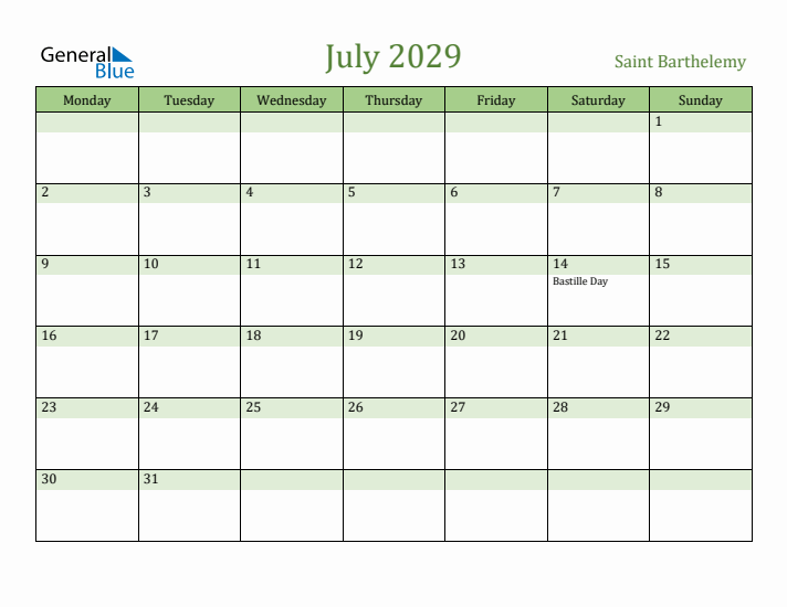 July 2029 Calendar with Saint Barthelemy Holidays