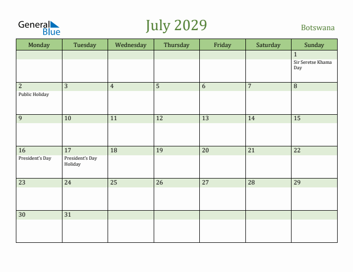 July 2029 Calendar with Botswana Holidays
