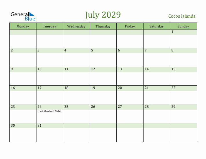 July 2029 Calendar with Cocos Islands Holidays