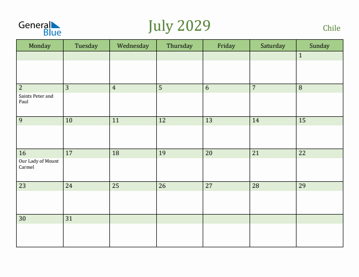 July 2029 Calendar with Chile Holidays