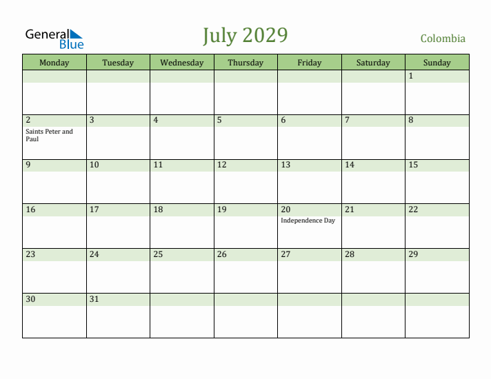 July 2029 Calendar with Colombia Holidays