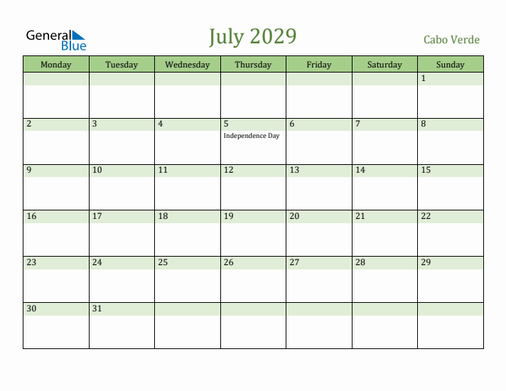 July 2029 Calendar with Cabo Verde Holidays