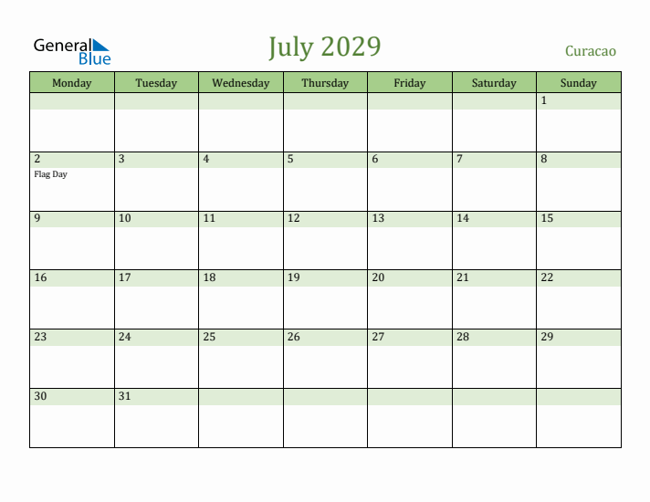 July 2029 Calendar with Curacao Holidays