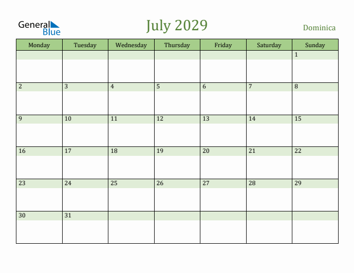 July 2029 Calendar with Dominica Holidays