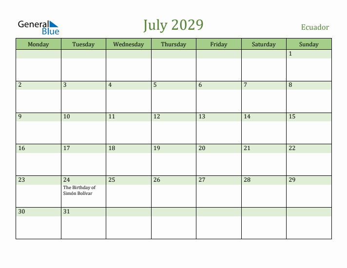 July 2029 Calendar with Ecuador Holidays