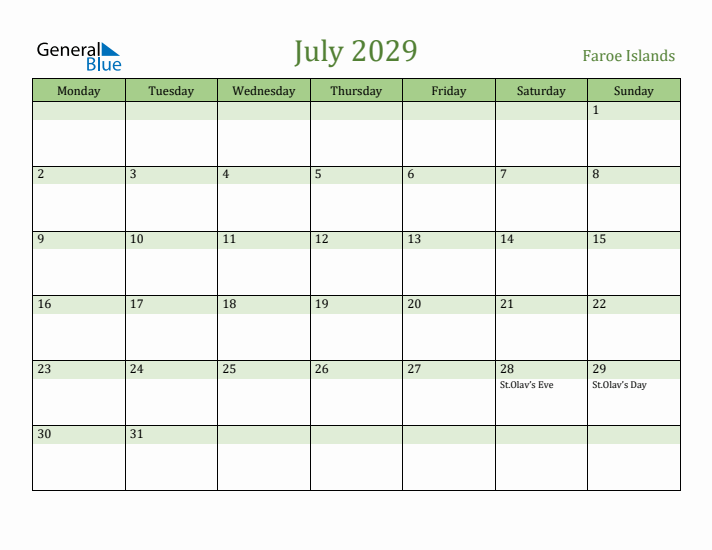 July 2029 Calendar with Faroe Islands Holidays