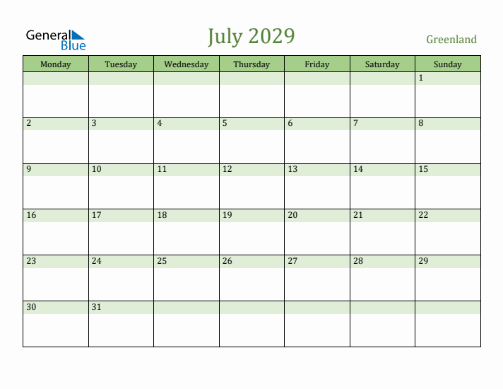 July 2029 Calendar with Greenland Holidays