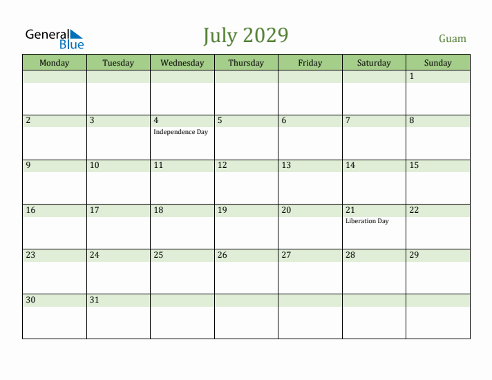 July 2029 Calendar with Guam Holidays
