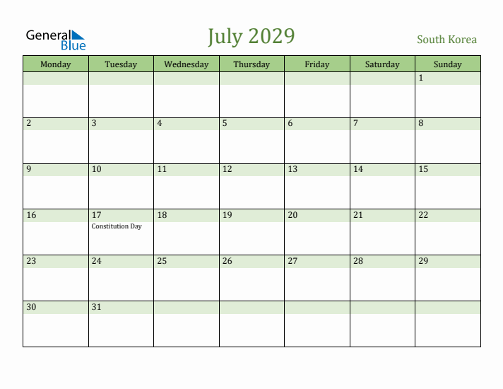 July 2029 Calendar with South Korea Holidays