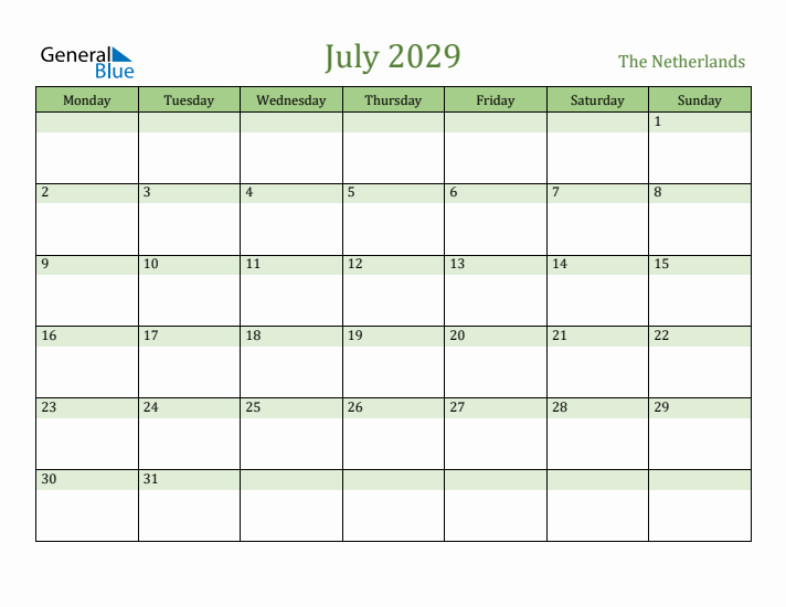 July 2029 Calendar with The Netherlands Holidays