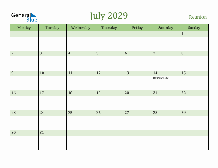 July 2029 Calendar with Reunion Holidays