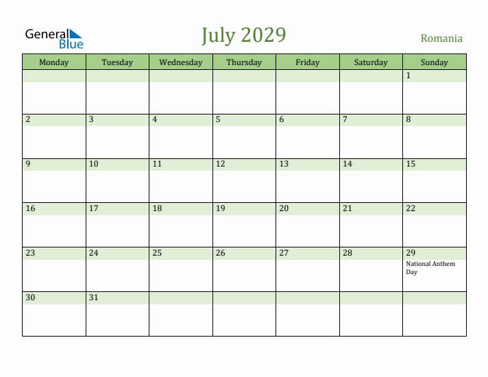 July 2029 Calendar with Romania Holidays