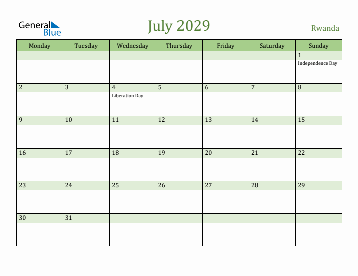 July 2029 Calendar with Rwanda Holidays