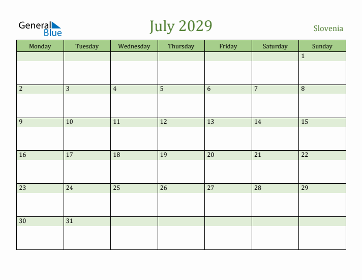 July 2029 Calendar with Slovenia Holidays