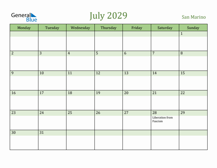 July 2029 Calendar with San Marino Holidays