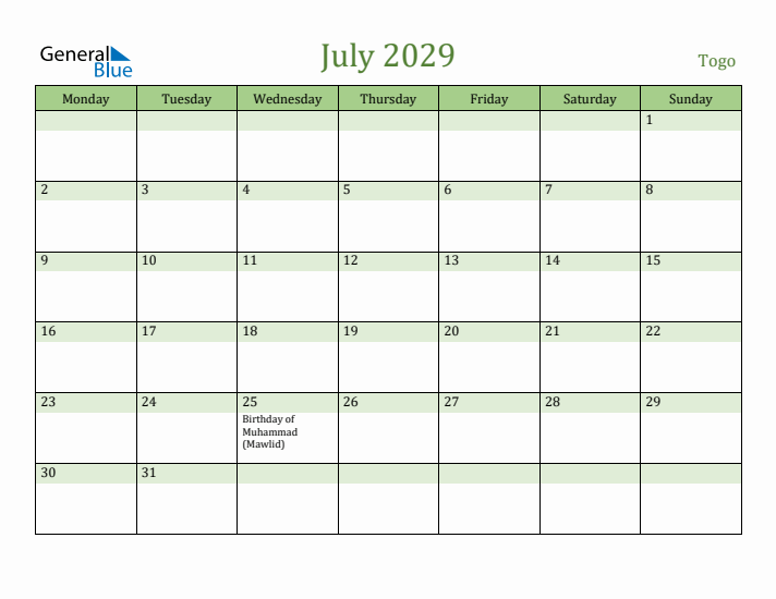 July 2029 Calendar with Togo Holidays