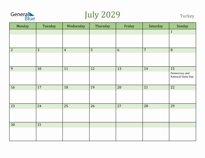 July 2029 Calendar with Turkey Holidays