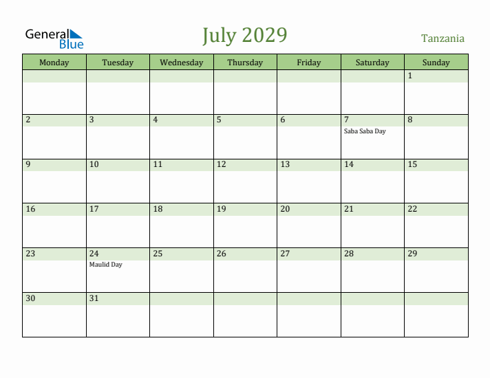 July 2029 Calendar with Tanzania Holidays