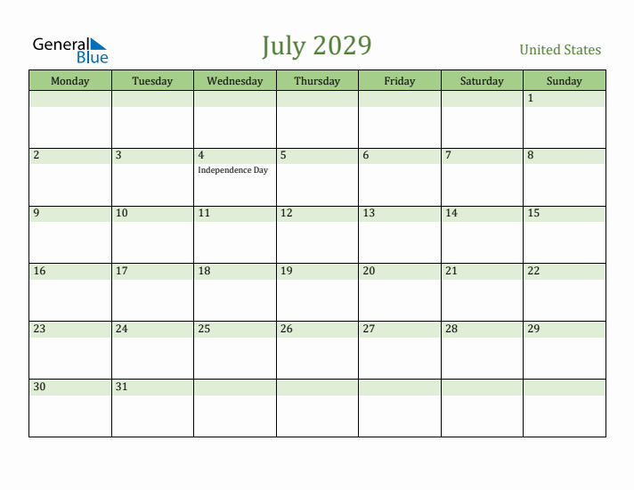 July 2029 Calendar with United States Holidays