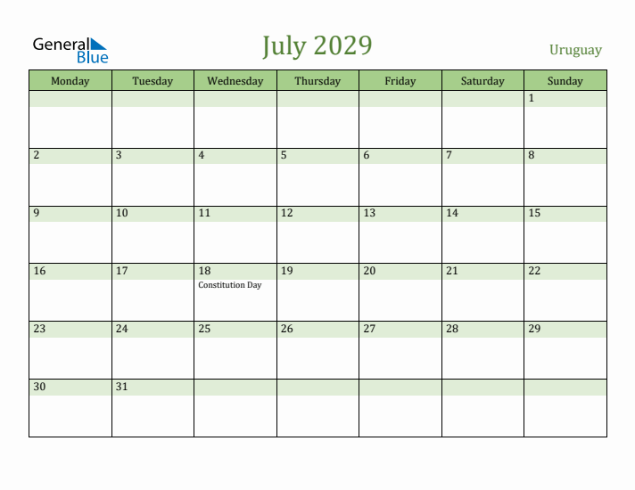 July 2029 Calendar with Uruguay Holidays