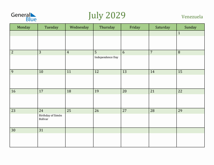 July 2029 Calendar with Venezuela Holidays