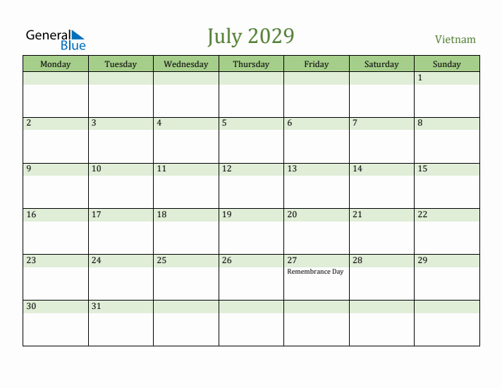 July 2029 Calendar with Vietnam Holidays