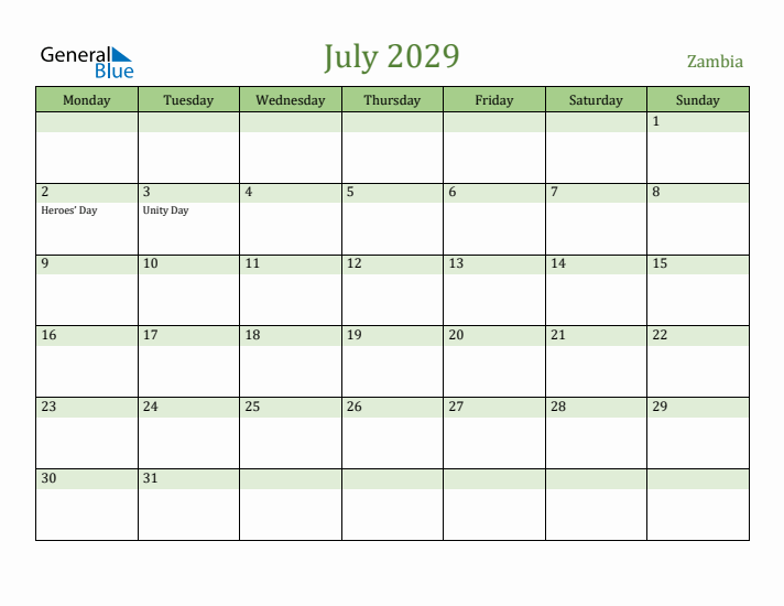 July 2029 Calendar with Zambia Holidays