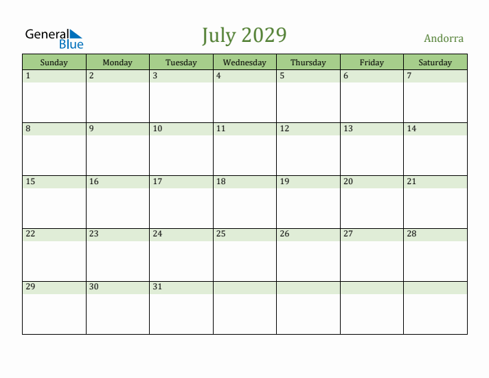 July 2029 Calendar with Andorra Holidays