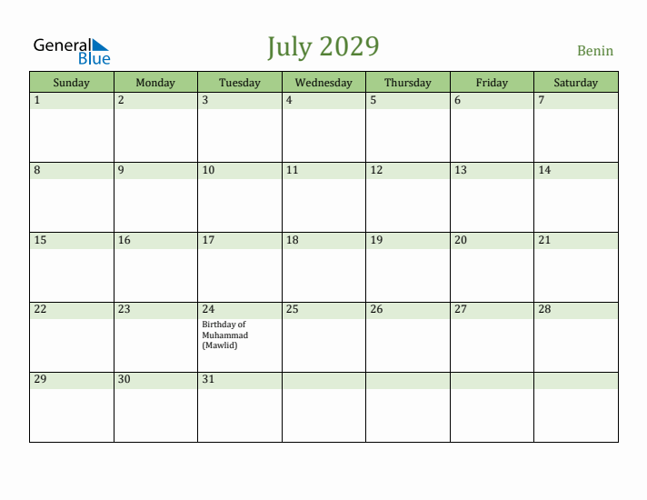 July 2029 Calendar with Benin Holidays